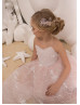 Beaded Blush Pink Lace Tulle Corset Back Flower Girl Dress